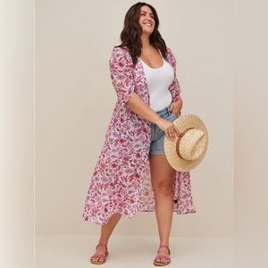Ruched Sleeve Kimono - Swiss Dot Chiffon Floral Pink